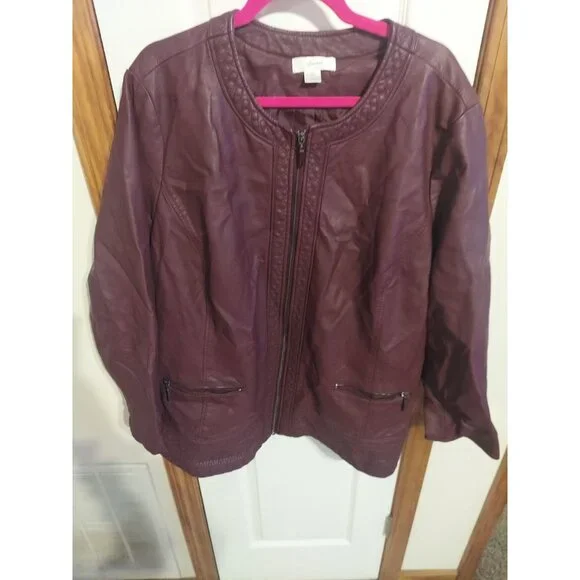 Christopher & Banks Women’s Faux‎ Leather Full Zip Jacket Size 3X Wine Burgundy - Picture 2 of 14